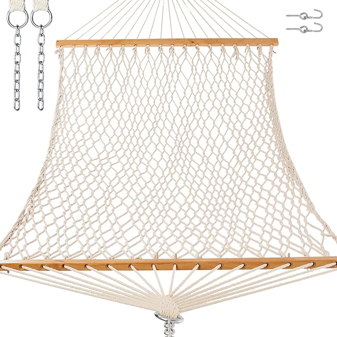 GAFETE Single Rope Hammocks for Outside, Traditional Hand Woven Cotton Hammock with Hardwood Spreader Bar, Max 450 lbs Capacity (Natural Beige, Small) by GafeteOutdoorLiving