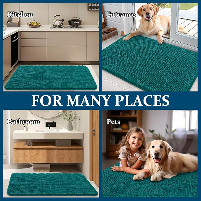 OLANLY Dog Door Mat for Muddy Paws 47x17, Absorbs Moisture and Dirt, Absorbent Non-Slip Washable Doormat, Quick Dry Chenille Mud Mat for Dogs, Entry Indoor Entryway Carpet for Inside Floor, Lake Blue - Image 8