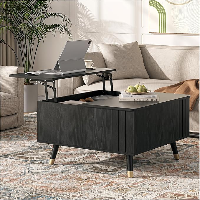SULIVES Lift Top Coffee Table with Storage,Square Coffee Table with Lifting Top,Modern Center Table with Solid Wood Legs,Small Coffee Tables for Living Room,Black