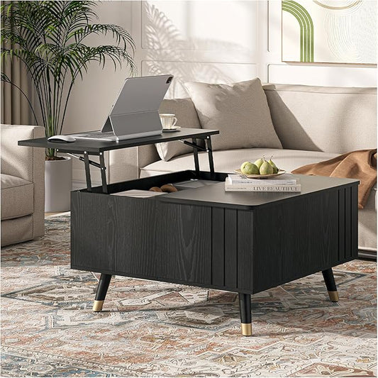 SULIVES Lift Top Coffee Table with Storage,Square Coffee Table with Lifting Top,Modern Center Table with Solid Wood Legs,Small Coffee Tables for Living Room,Black