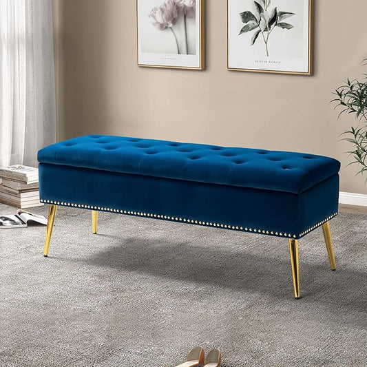 HULALA HOME Modern Velvet Storage Ottoman Bench with Gold Base & Nailhead Trim, Upholstered Bedroom Bench for End of Bed, Button-Tufted Footstool for Entryway Living Room Dining Room, Navy by HULALAHOME