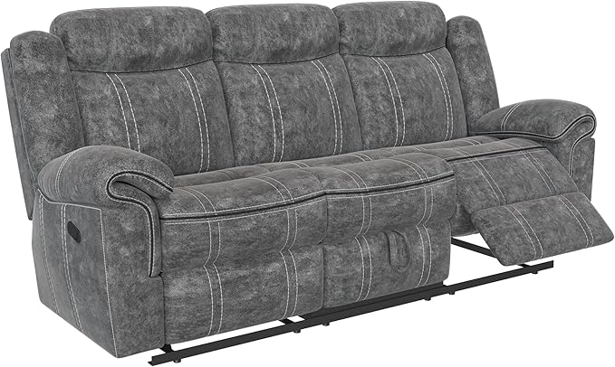Acme Furniture Zubaida 41" x 87" Modern Velvet Reclining Sofa with USB Dock, 1 Storage Drawer, Tight Back & Seat Cushion, in 2-Tone Gray Finish