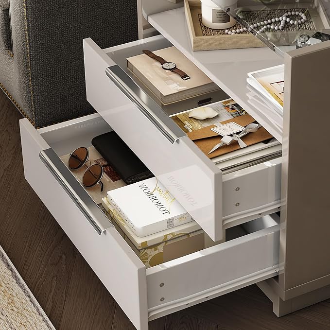 AMERLIFE 23.6" Nightstand, High Gloss End Table with Glass Tabletop, Modern Bedside Table with Charging Station, 2 Drawers Nightstand for Bedroom, Cream & Gray - Image 7