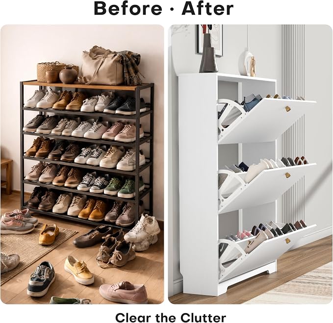 Nicetree Shoe Cabinet with 3 Flip Drawers, Narrow Shoe Organizer Cabinet, Freestanding Shoe Rack Cabinet, Morden Shoe Storage Cabinet for Entryway, Hallway, Foryer, White with Hook - Image 5