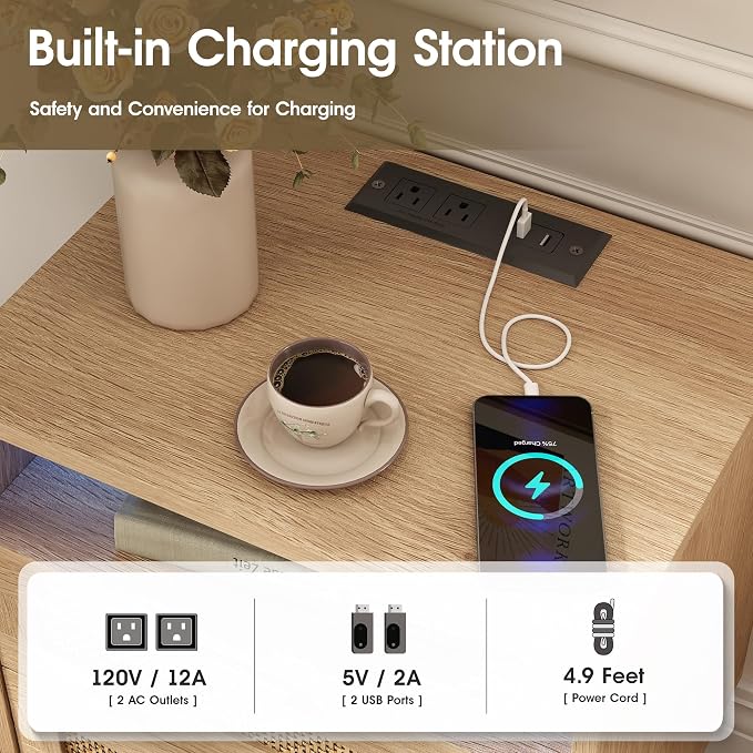 Halitaa Rattan Nightstand with Charging Station USB Port Led Lights and 2 Storage Drawers, Bedroom Furniture Night Stand Bedside Table, Rattan Side Table, End Table (1 Pack) - Image 4