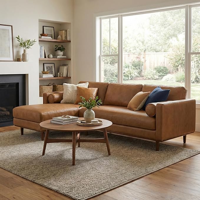 SIMPLIHOME Morrison Left Sectional Sofa in Full-Grain Genuine Leather, Caramel Brown, 102-inches Wide, L-Shaped Leather Couch with Left Chaise for The Living Room and Family Room