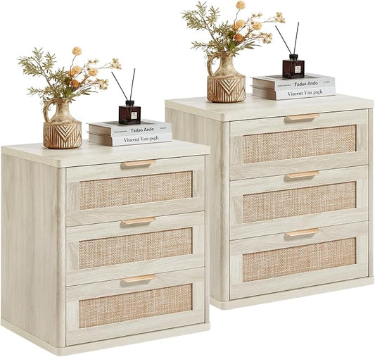 LEYAOYAO Rattan Night Stand Set 2 with Drawers, 23" Large Boho Nightstand, 3 Drawer Grey White Bedside Table Storage Cabinet, Bed Side End Tables Chest of Drawers, Living Room, Hallway, Closet by LEYAOYAO-Findtheshiningpointofyourideallife%EF%BC%81