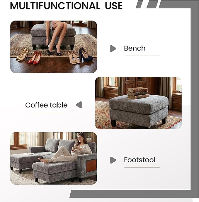 118" Sectional U-Shaped Cloud Couch, Modular Modern 4-Seat Sofa, with USB Type C Ports, Foldable Side Table and 2 Ottomans, for Home Living Room, Grey
