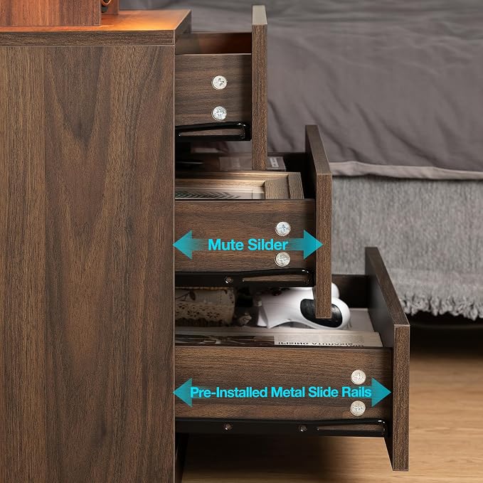 HOMMPA Set of 2 Rustic Brown Nightstands with Wireless Charger Station LED Bedside Table with 3 Drawers Walnut Wood End Table with Open Shelf Smart Nightstand Tall Night Stand with Light for Bedroom - Image 8