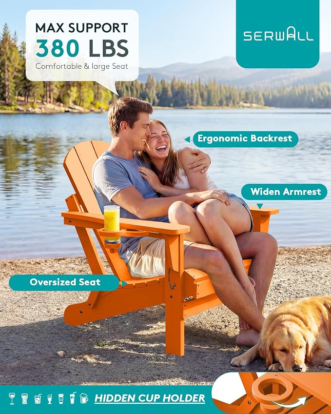 SERWALL Folding Adirondack Chair Set of 4, Weather Resistant HIPS Patio Chairs with Cup Holder for Patio Garden Outdoors Fire Pit Chairs- Orange - Image 8