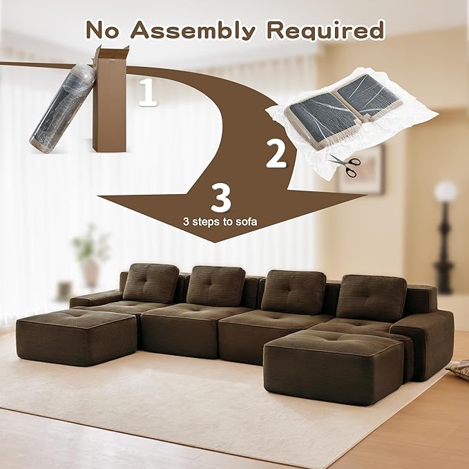 Casaphoria 150'' Boneless Sectional Sofa, Corduroy 4-Seater Cloud Couch with 4 Pillows & 2 Ottomans for Living Room, U-Shaped Deep Seat Modular Sofa for Apartment, No Assembly, Brown