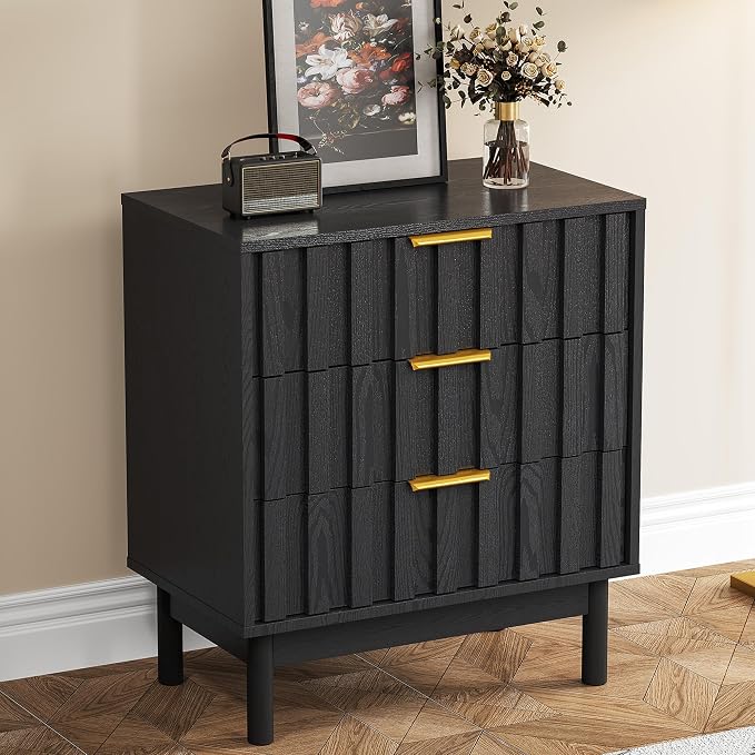RoyalCraft 3 Drawer Nightstand, Modern Fluted Chest of Drawers, Wooden Storage Night Stand Side Table with Chic Edge Pull, Perfect for Bedroom, Living Room, Entryway, Black by Bringyoubetterlife
