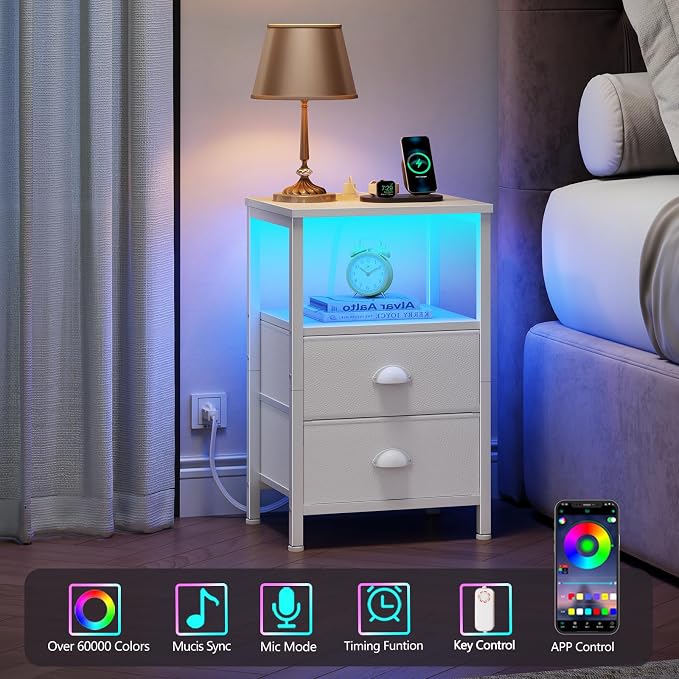 Furologee LED Night Stand with Charging Station, White Nightstand with Fabric Drawers, Bedside Table with Storage Shelf, End Table for Living Room/Bedroom/Dorm - Image 4