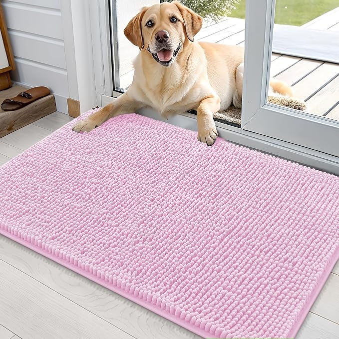 OLANLY Dog Door Mat for Muddy Paws 36x24, Absorbs Moisture and Dirt, Absorbent Non-Slip Washable Doormat, Quick Dry Chenille Mud Mat for Dogs, Entry Indoor Entryway Carpet for Inside Floor, Pink by OLANLY
