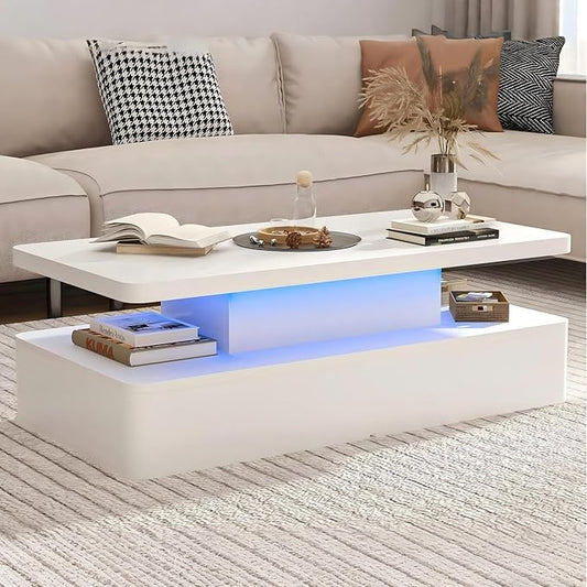 47" Modern Living Room Tables, LED Coffee Table with LED Lights, 2 Tier Rectangular Center Table with Large Storage, High Glossy Surface, Tea Table for Living Room, White