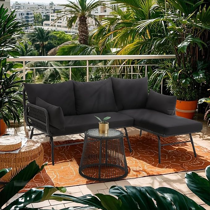 Bezseller 3-Piece Outdoor Patio Furniture Set – L-Shaped Rattan Sectional Sofa with Detachable Lounger, Glass Coffee Table & 4" Cushions – All-Weather PE Wicker for Backyard, Porch, Poolside