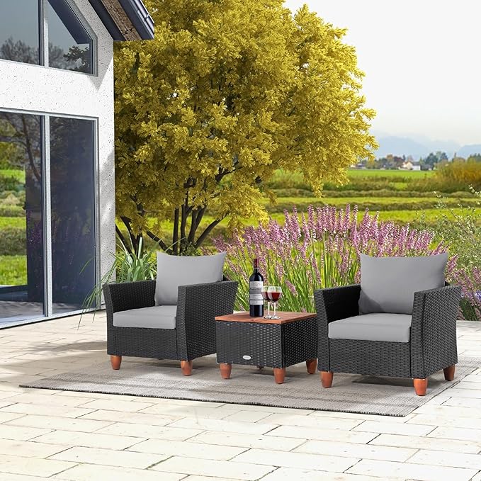 ORALNER 3 Pieces Patio Furniture Set, Outdoor Wicker Conversation Chairs with Cushion, Acacia Coffee Table, Rattan Bistro Set for Balcony Garden Backyard Front Porch Poolside (Grey)