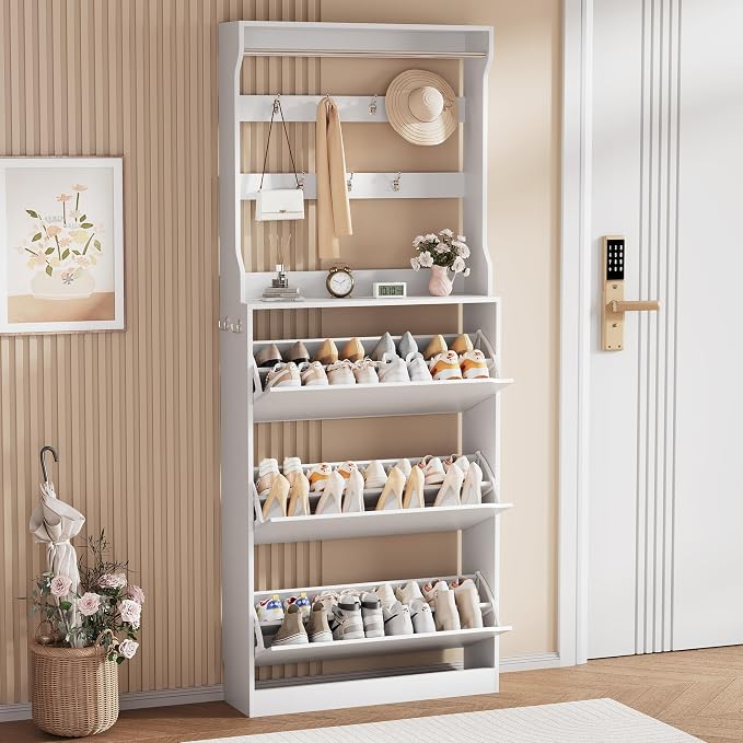 Shoe Cabinet for Entryway, White, 31.5 * 9.37 * 78.74 Inch, 3 Flip Drawers, 3 Shelves, Modern Style by Boonatu
