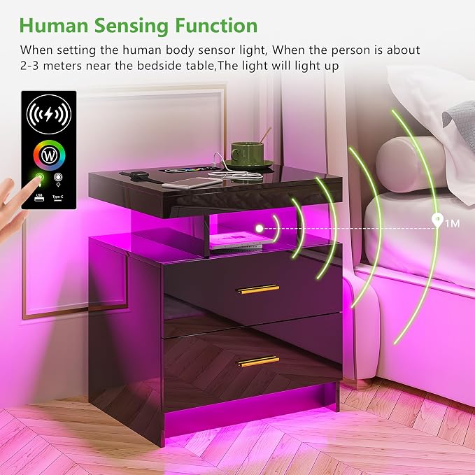 HNEBC Night Stands Set 2 with Charging Station for Bedroom, Auto LED Nightstand with Wireless/USB Port, Modern Bedside Tables has 24-Color Lights, Side Tables with 2 Drawer for Bedroom Black - Image 7