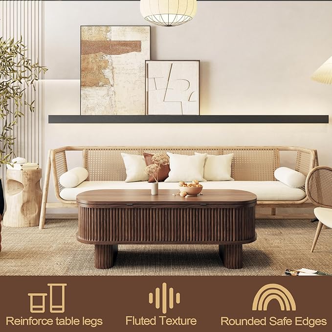 Lift Top Coffee Table with Large Storage,Lifting Converts to Dining Table,Oval Pop Up Coffee Table Fluted Wood Center Table for Living Room,Fully Assembled Space-Saving for Eating&Laptops