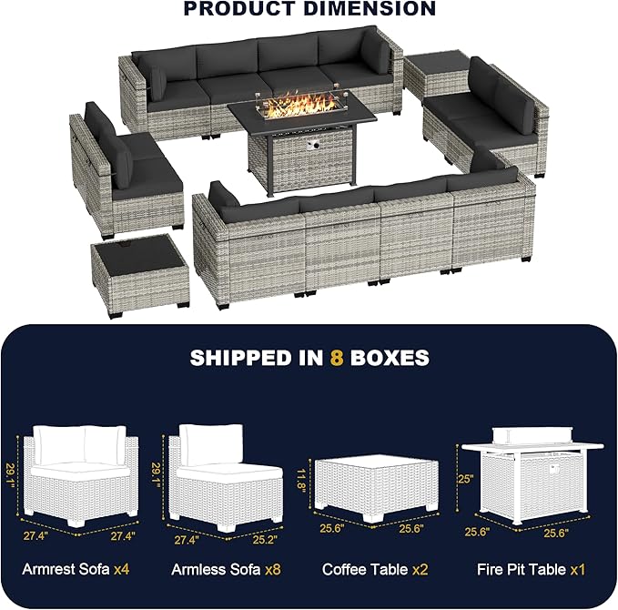 15-Piece Outdoor Patio Furniture Set with 55,000 BTU Fire Pit Table, PE Wicker Rattan Sectional Sofa Conversation Set - All-Weather Garden, Backyard Furniture, Dark Grey
