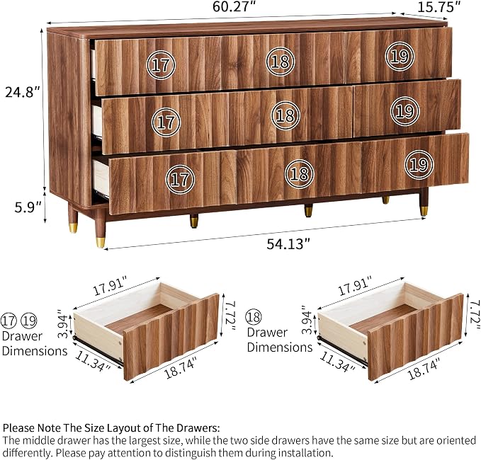 Bifins Fluted Dresser for Bedroom with 9 Drawers, 60" Wide Mid Century Modern Chest of Storage Drawers, Large Wood TV Dresser for Bedroom Living Room - Image 2