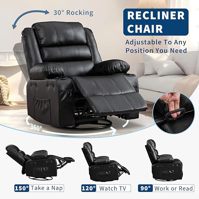 Rocking Recliner Chair for Adults Wide 360° Swivel Rocker Recliner with Cup Holder Nursery Glider with Upholstered Deep Seat PU Leather Comfy Single Sofa for Living Room Black