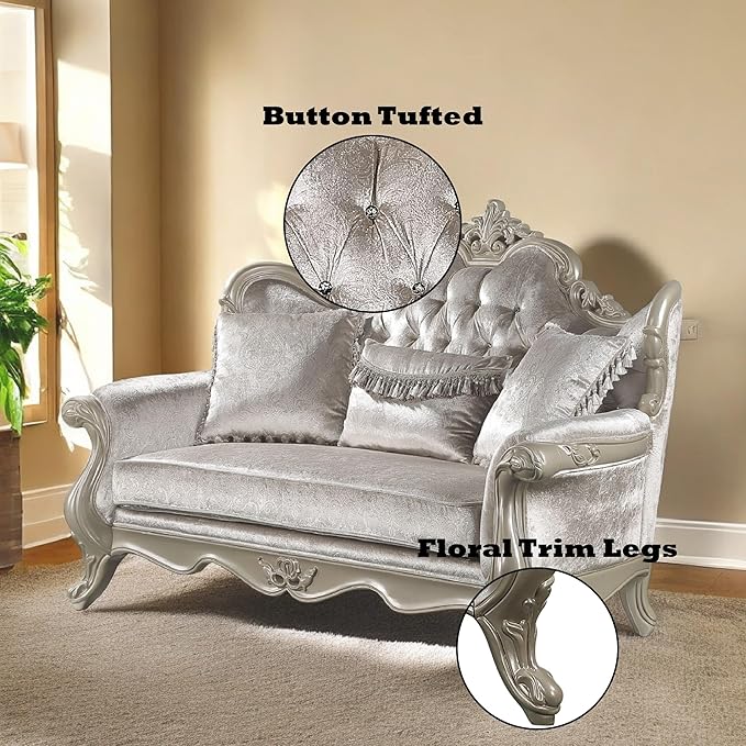 Acme Libertee Fabric Upholstered Loveseat with 3 Pillows in Beige/Champagne