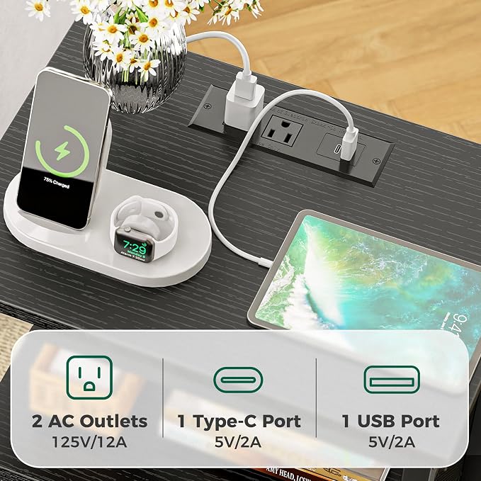 Huuger Nightstands Set of 2, End Tables with Charging Station, Side Tables with Fabric Drawers, Bedside Tables with USB Ports and Outlets, Night Stands for Bedroom, Black - Image 4