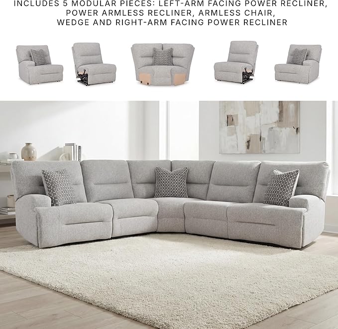 Signature Design by Ashley Acklen Place Stain Resistant Contemporary 5-Piece Power Reclining Sectional with Armrest, Throw Pillows and USB Port, Gray