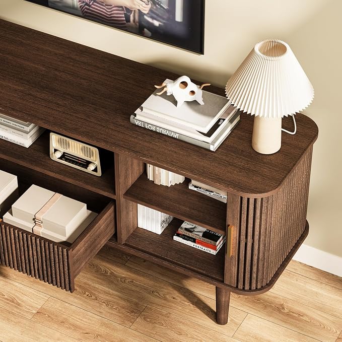 Fluted TV Stand, 55 Inch Mid Century Modern Media Console Table with Sliding Tambour Door Farmhouse Sideboard Buffet Cabinet Fits TVs up to 60 inch, Wood Entertainment Center for Living Room - Image 6