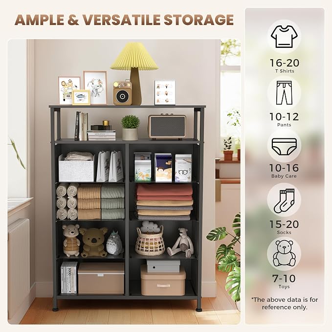 DUMOS Fabric Dresser for Bedroom with 8 Drawers, Tall 8-Drawer Chest of Drawers with Raised Shelf, Storage Tower with Fabric Bins for Closet Organization, Hallway Storage, Grey - Image 4