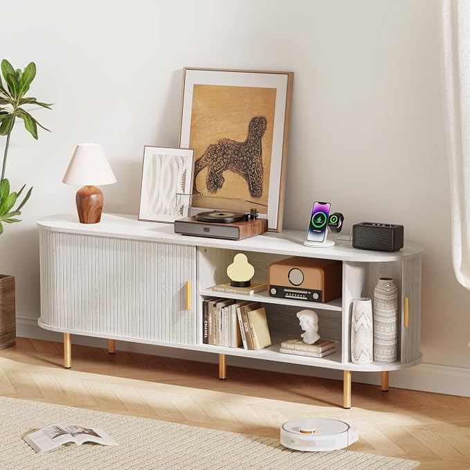 DHH 63 Inch Mid Century Modern TV Stand with Power Outlet for TVs up to 70 Inch, Entertainment Center with Storage and Adjustable Shelves, Media Console with Sliding Doors for Living Room(White) - Image 6