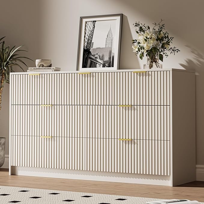 MAISONARIA 3 Piece Dresser Bedroom Set, 7 Drawer Dresser & 3 Drawer Nightstands with Gold Handles, Fluted Wood Chest of Drawers for Bedroom, Living Room, Entryway, Beige