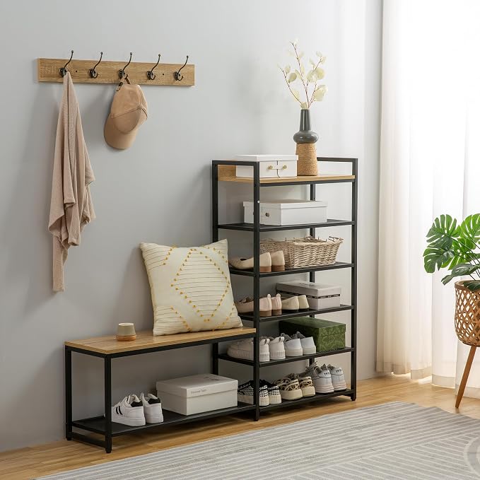 SUNTAGE 6-Tier Coat Rack Shoe Bench Set, Entryway Bench with 6 Hooks Coat Rack, Hall Tree and Shoe Storage for Entryway, Hallway, Garage, Bedroom (Vintage Oak) - Image 6