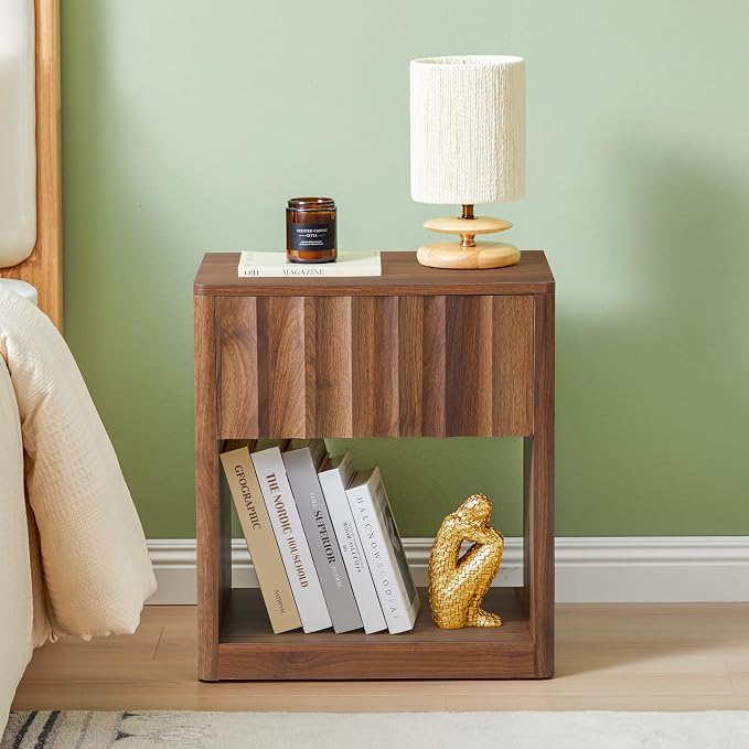 Bifins Fluted Dresser, Small Nightstands Set of 2, Walnut Bedside Table with Drawer and Storage, Mid Century Modern Side Table for Bedroom Sofa - Image 7