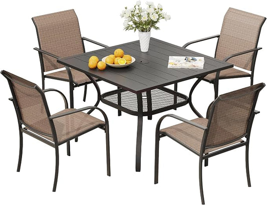 VICLLAX Outdoor Dining Set for 4, Patio Furniture Set of 4 Patio Stackable Dining Chairs and Outdoor Metal Square Table with Umbrella Hole for Backyard Lawn Garden, Brown Chairs and Black Table by HOME
