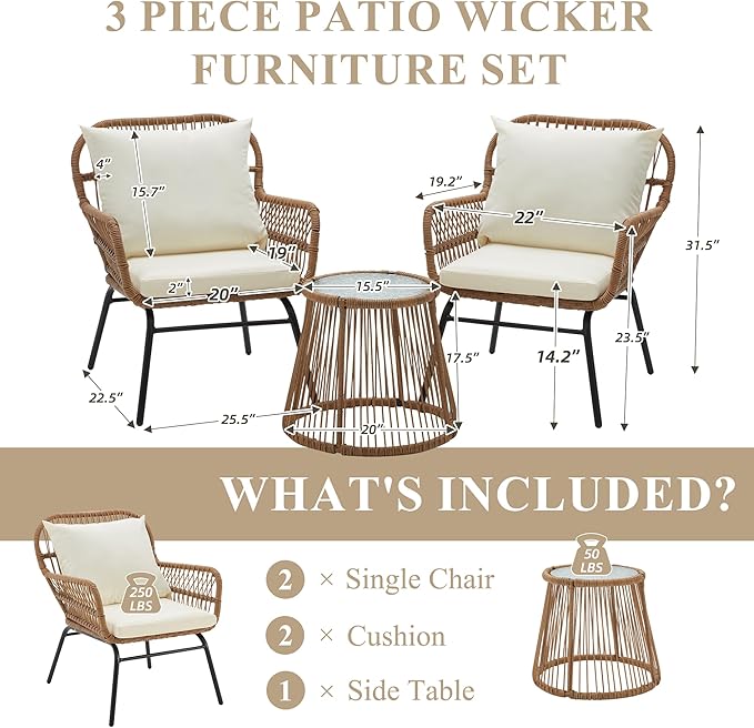 Bezseller 3-Piece Outdoor Patio Furniture Set - Modern Boho Furniture 20" Wide Seating w/ 2" Thick Cushions, 14.2" Seat Height - for Gardens, Balcony & Apartments