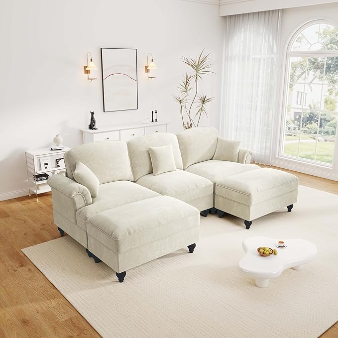 Rovibek 107” U Shaped Couch, Chenille Midcentury Modern Sofa with Detachable Ruffle Hem, Sectional Couches for Living Room with Throw Pillows & 2 Ottoman, White