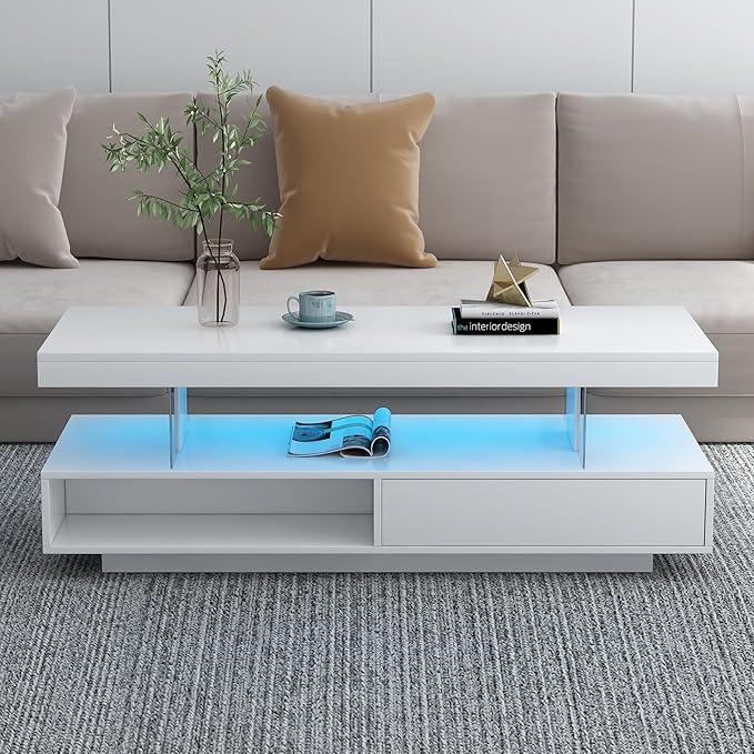 Modern LED Coffee Table with Storage, High Gloss Cocktail Center Table with Drawers, Display Shelves & LED Lights for Living Room, 51.2’’, White