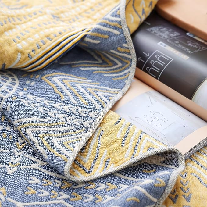 100% Cotton Soft Boho Throw Blanket for Bed 60x80,Muslin Breathable Lightweight Gauze Spring Blankets for Couch Sofa All Seasons,Bohemian Decor Floral Quilt Rustic Throw Blanket,Yellow