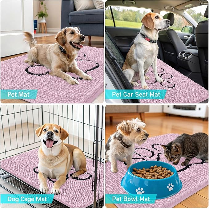 OLANLY Dog Door Mat for Muddy Paws 36x24, Paw Print Design, Absorbs Moisture and Dirt, Non-Slip Washable Doormat, Quick Dry Chenille Mud Mat for Dogs, Entry Indoor Entryway Carpet, Dusty Rose - Image 7