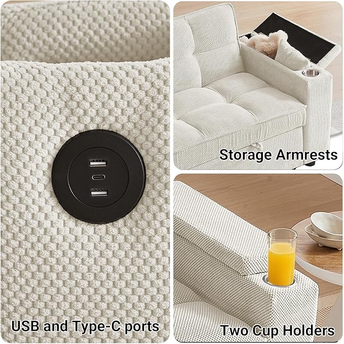 Rovibek 65'' Convertible Sleeper Sofa Bed, 3-in-1 Pull Out Couch with 360° Swivel Side Table, Adjustable Backrest, Loveseat Sleeper with Charging Port | Side Pocket | Cup Holders, White