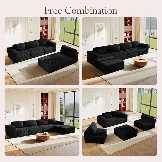 Vesgantti 159" Large Modular Sectional Sofa, L-Shaped Corduroy Cloud Couch with Deep Seats & Spring Support, 4-Seater Boneless Sofa with Movable Ottoman, No Assembly Needed, Black