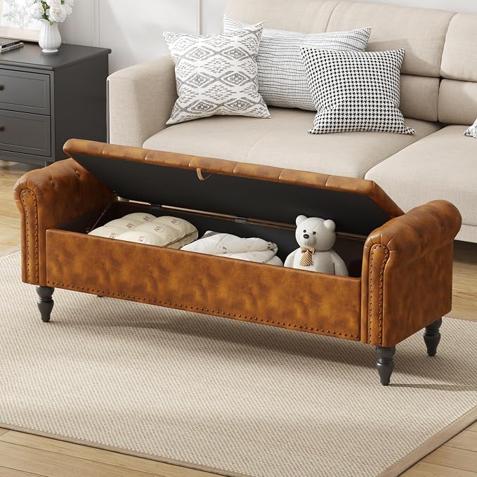Furniliving 63” End of Bed Bench, Bedroom Bench with Button-Tufted, Large Upholstered Storage Ottoman Benches Entryway Bench with Storage Shoe Cabinet Bench, for Bedroom, Living Room, PU, Brown - Image 4