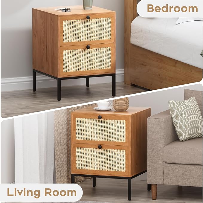 Yechen Set of 2 Rattan Nightstands with 2 Storage Drawers, Boho Bedside Table with Handmade Natural Cane, Mid-Century Modern End Table with Metal Legs for Bedroom, Brown - Image 7