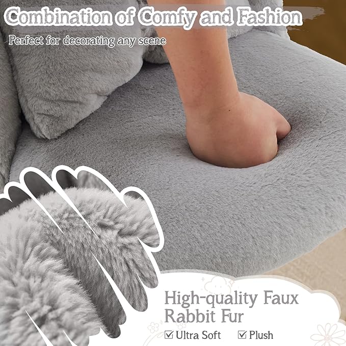 VINGLI Fluffy Girls Vanity Chair with Back & Pillow,Cute Small Cozy Desk Chair No Wheels,Comfy Makeup Ch with Ajustable Gold Legs,for Bedroom,Living Room,Small Space,Grey