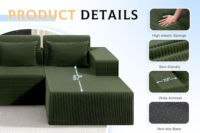 Homguava Modular Sectional Couches for Living Room,105" Cloud Couch with L-Shape Chaise,Comfy Sofa Living Room Sofas with Deep Seat,No Assembly L Couch,Corduroy Fabric(Green,R)