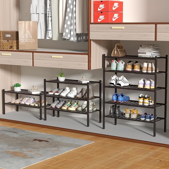 ROMGUAR CRAFT 5 Tier Bamboo Shoe Rack for Closet Free Standing Wood Shoe Shelf for Entryway Small Space Stackable 27"x11"x33" (Brown) - Image 4