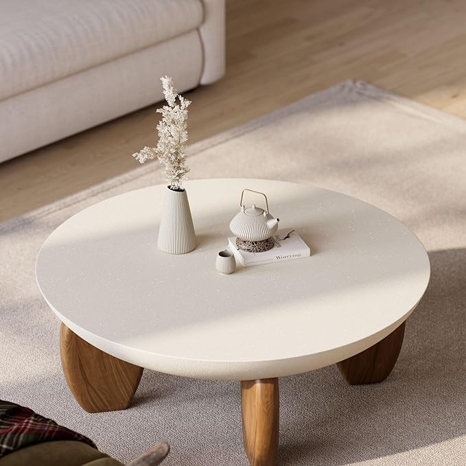 homary Round Concrete Coffee Table with Premium Walnut Ash Wood Legs, Modern Minimalist Cement Finish Center Table for Living Room (Beige, 37.4" W x 37.4" D x 14.4" H)